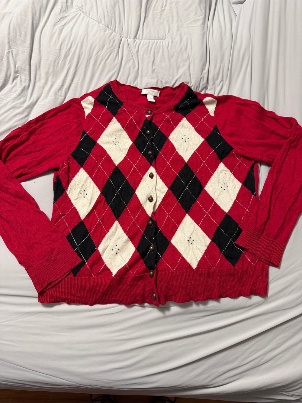 Charter Club Red Argyle Button-Up Cardigan with Black and Cream Diamonds